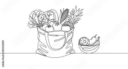 Minimalist line art: groceries, fresh fruits and veggies in bag. Vector