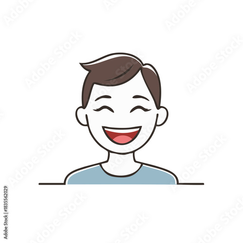 Joyful person with closed eyes, big smile, and brown hair, wearing a blue shirt, cartoon style