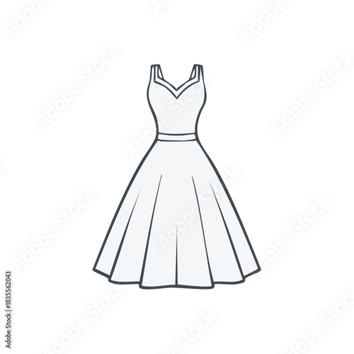 Elegant party dress illustration with cinched waist and flared skirt, sketch style