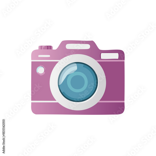 A simple flat design vector illustration of a purple camera with a blue lens