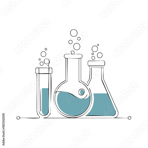 Three stylized laboratory flasks and test tube with bubbling liquid and rising bubbles in a clean minimalist design