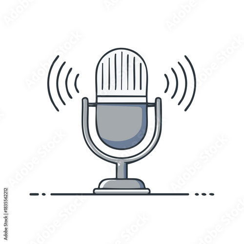 Outline style vintage microphone with sound waves communication and audio icon