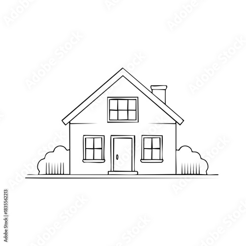 Simple line drawing of a detached house with a pitched roof and chimney featuring windows and surrounding shrubs