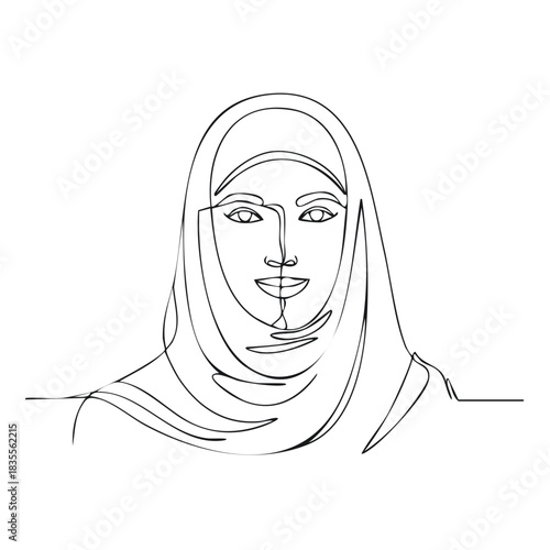 Elegant single line drawing of a woman wearing a hijab in a minimalist style