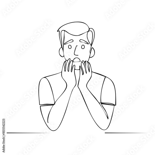 Continuous line drawing of a shocked man holding his face in fear and surprise