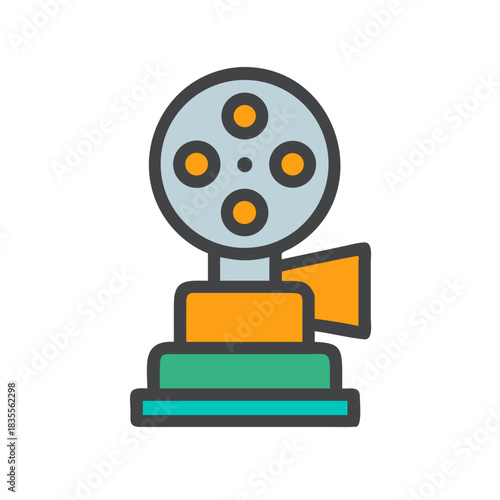 Retro style film projector icon with reels and base over black background