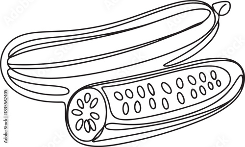 Single continuous line drawing whole and sliced healthy organic cucumber for orchard logo identity. Fresh vegetable concept for vegan garden. one line Icon drawing