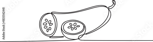 Single continuous line drawing whole and sliced healthy organic cucumber for orchard logo identity. Fresh vegetable concept for vegan garden. one line Icon drawing