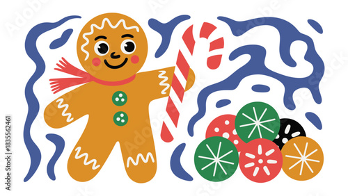 Festive Gingerbread Man: A whimsical illustration of a smiling gingerbread man, adorned with a red scarf and holding a candy cane, surrounded by colorful candies.