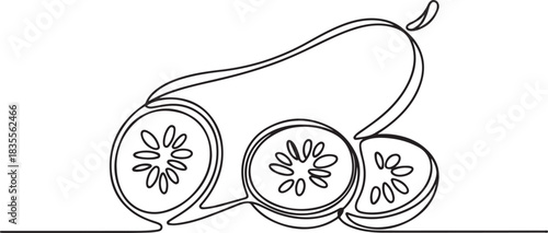 Single continuous line drawing whole and sliced healthy organic cucumber for orchard logo identity. Fresh vegetable concept for vegan garden. one line Icon drawing