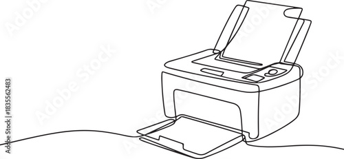 Printer One line drawing on white background, Vector continuous one single line drawing of laser printer in silhouette. one line Icon drawing
