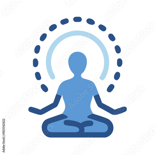 Meditating figure icon with halo in blue hues for spiritual concepts