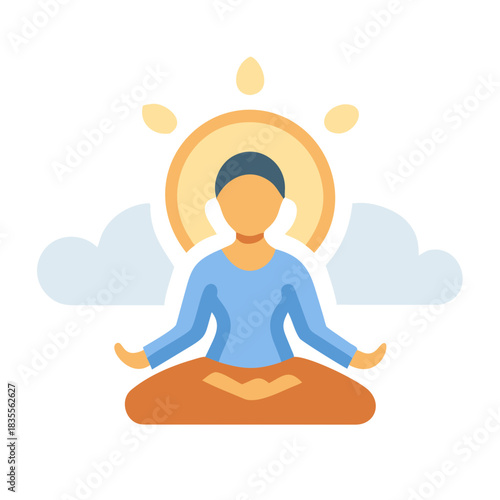 Meditating figure against sunshine and clouds, promoting mindfulness and peacefulness