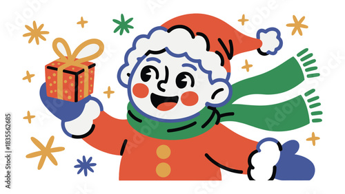 Holiday Gifting: A cheerful child, wrapped in winter attire, joyfully presents a beautifully wrapped gift box, snowflakes dancing in the air.