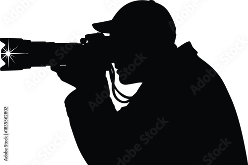 Silhouette of a photographer crouching and taking photos with a professional camera and lens capturing a moment isolated on white background