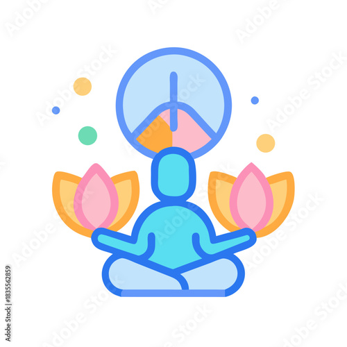 Meditative figure with peace symbol and lotus flowers on black background