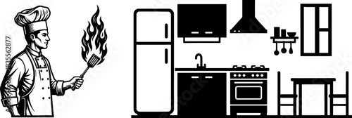 chef's silhouette holds flaming food in a kitchen setting with appliances and furniture
