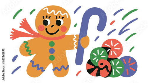Gingerbread Delight: A festive gingerbread man, complete with a scarf and a candy cane, stands next to a pile of colorful candies, symbolizing the sweetness of the holiday season and sharing joy 