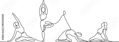Continuous one line drawing group of women doing yoga. Aerobic sport girl exercise. Vector illuatration. one line Icon drawing