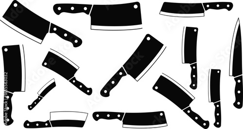 Large set of kitchen knife, butcher knife, and meat cleaver tool silhouettes for cooking and chopping food isolated on white