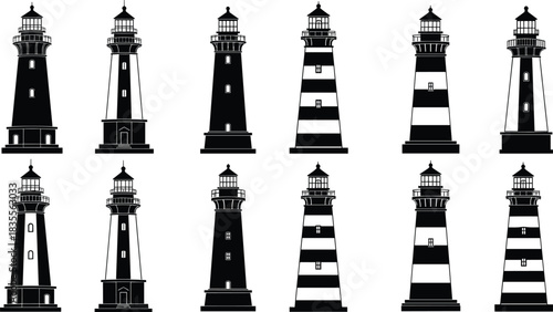 Lighthouse Silhouette Vector Collection, Nautical Navigation Towers, Black and White Striped Design, Coastal Marine Symbol, Beacon of Hope, Safety and Guidance Illustration