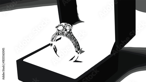 Luxury Engagement Diamond Ring in Open Jewelry Box Detailed Flat Vector Illustration Proposal Wedding Love Symbol Sticker Print CAD Drawing Graphic.