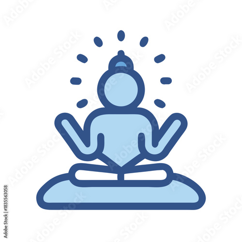 Blue figure in meditation pose against black background, radiating light