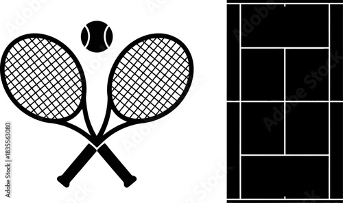 Crossed tennis rackets and ball beside tennis court silhouette