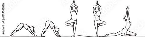 Continuous one line drawing group of women doing yoga. Aerobic sport girl exercise. Vector illuatration. one line Icon drawing