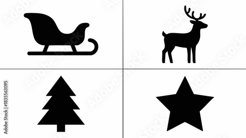 Christmas Icons Set Sleigh Deer Tree Star Silhouette.