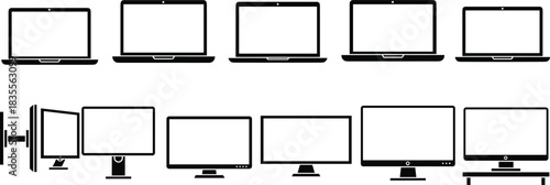 Monitor Laptop Screen Silhouette Collection Set of Computer Devices Flat Vector Illustration Technology Gadget Print CAD Drawing Graphic.