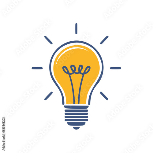 Bright yellow light bulb icon with blue outline radiating lines symbolizing a creative idea or inspiration