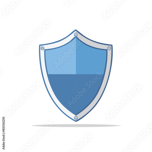 Stylized blue shield emblem with metallic rivets and divided panels