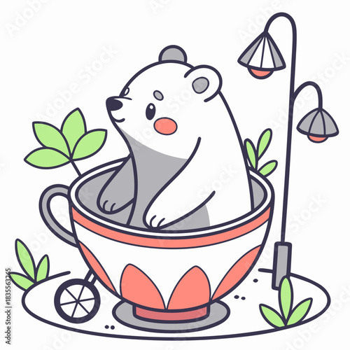 An adorable Polar bear with a Bashful vibe, sitting in a teacup ride, and a Urban Jungle Urban Jungle theme – SVG style
