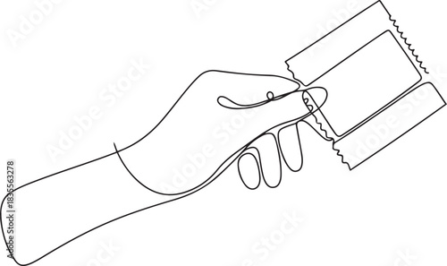 Continuous single line drawing of hand with paper, note. One line drawing of passenger ticket for bus, transport. one line Icon drawing