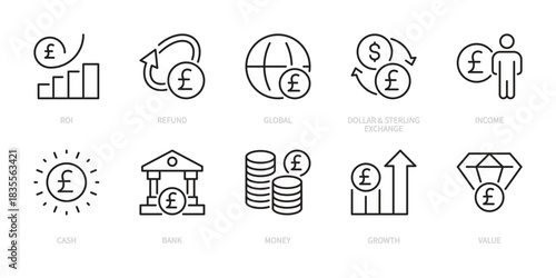 Pound sterling icon set. Currency, money, finance, roi, refund, global, exchange, income, cash, bank, money, growth, value, financial, etc. Vector illustration. Isolated on a white background.