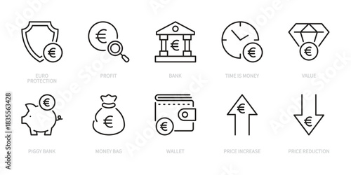 Euro icon set. Currency, money, finance, protection, profit, bank, time is money, value, piggy bank, money bag, wallet, increase, reduction, etc. Vector illustration. Isolated on a white background.