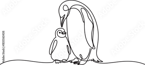 Cute penguin with chick. Mother and baby. Mother day concept. Continuous one line drawing. Vector illustration. one line Icon drawing