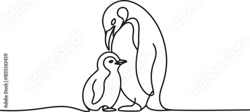 Cute penguin with chick. Mother and baby. Mother day concept. Continuous one line drawing. Vector illustration. one line Icon drawing