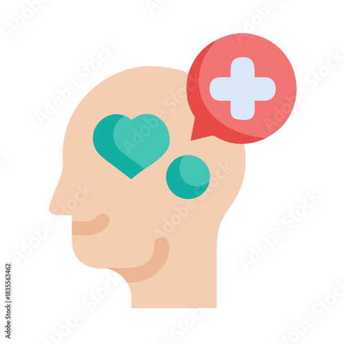 Flat vector illustration of head with heart, circle and medical cross icon