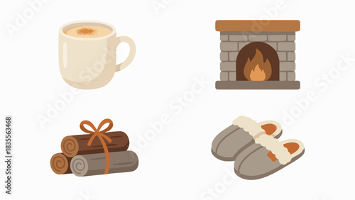 Cozy Winter Scene with Fireplace and Hot Drink.