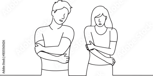 Pain in the elbow. A man and a woman are holding their elbows. Pain due to injury, bruise or sprain. one line Icon drawing