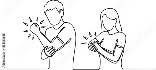 Pain in the elbow. A man and a woman are holding their elbows. Pain due to injury, bruise or sprain. one line Icon drawing