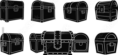 Pirate Treasure Chests Vector Silhouettes Set, Old Wooden Caskets Drawing, Vintage Game Box Collection, Locked Strongbox and Gold Storage Illustration Design