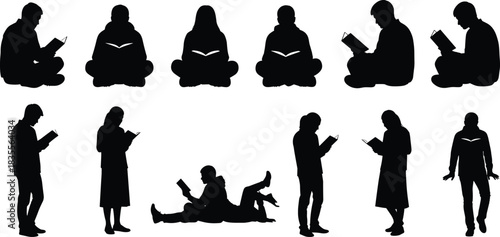 People reading books studying silhouettes flat vector illustration set isolated on white background library university education knowledge learning concept