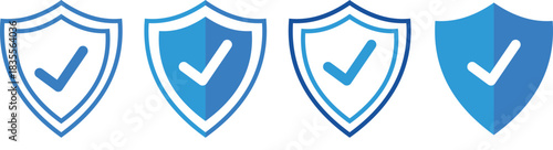 Blue security shield checkmark icons set. Shield icon with check mark vector illustration.