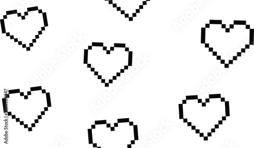 Pixel Art Heart Outline Set of Video Game Love Symbol Icon Simple Flat Vector Illustration Retro 8-Bit Print Sticker CAD Drawing Graphic.