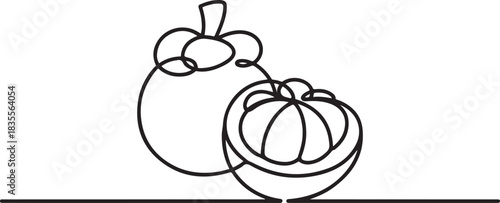 Continuous one line drawing half cut healthy sweet red organic mangosteen for orchard logo identity. Fresh fruitage concept for fruit garden icon. one line Icon drawing