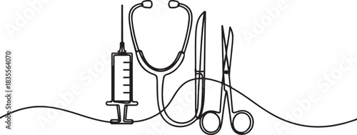 Continuous line, medical instruments, syringe, stethoscope, scalpel, surgical scissors Vector art lines. one line Icon drawing
