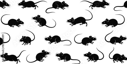 Seamless Black Mouse or Rat Silhouette Pattern, Endless Rodent Background Texture, Repeating Animal Wallpaper Vector Illustration for Design